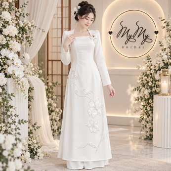 ÁO DÀI CÔ DÂU TRẮNG HOA BÁCH HỢP