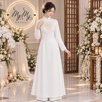 ÁO DÀI CÔ DÂU TRẮNG ĐÍNH KẾT CHỮ HỶ VÀ HOA