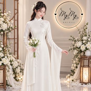 ÁO DÀI CÔ DÂU TRẮNG THÊU HOA MẪU ĐƠN VÀ KHĂN CHOÀNG