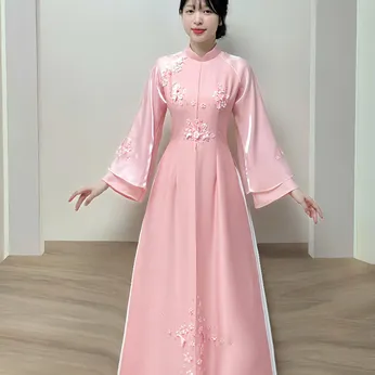 ÁO DÀI CÔ DÂU HỒNG ĐÍNH HOA 3D
