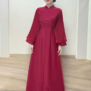 ÁO DÀI CÔ DÂU ĐỎ ĐÍNH HOA 3D
