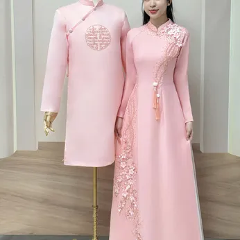 ÁO DÀI CẶP HỒNG ĐÍNH KẾT HOA VÀ CHỮ HỶ