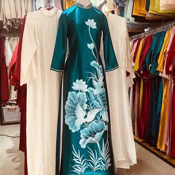 ÁO DÀI SUI XANH THÊU HOA SEN TRẮNG
