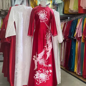 ÁO DÀI SUI ĐỎ THÊU HOA CÚC VÀ PHƯỢNG HOÀNG