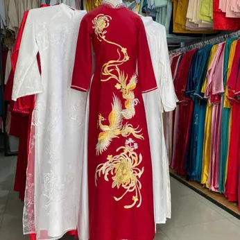 ÁO DÀI SUI ĐỎ THÊU HOA CÚC VÀNG