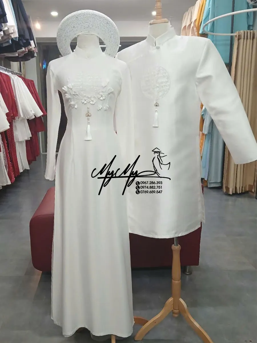 ÁO DÀI CẶP TRẮNG KẾT CHỮ HỶ VÀ HOA