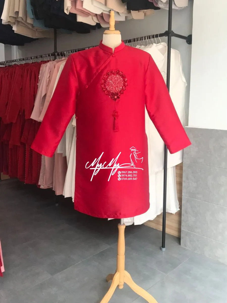 ÁO DÀI CHÚ RỂ ĐỎ CHỮ HỶ HOA NỔI