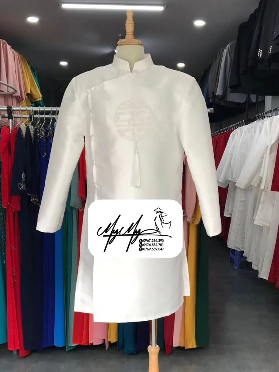 ÁO DÀI CHÚ RỂ TRẮNG ĐÍNH KẾT CHỮ HỶ PHA LÊ