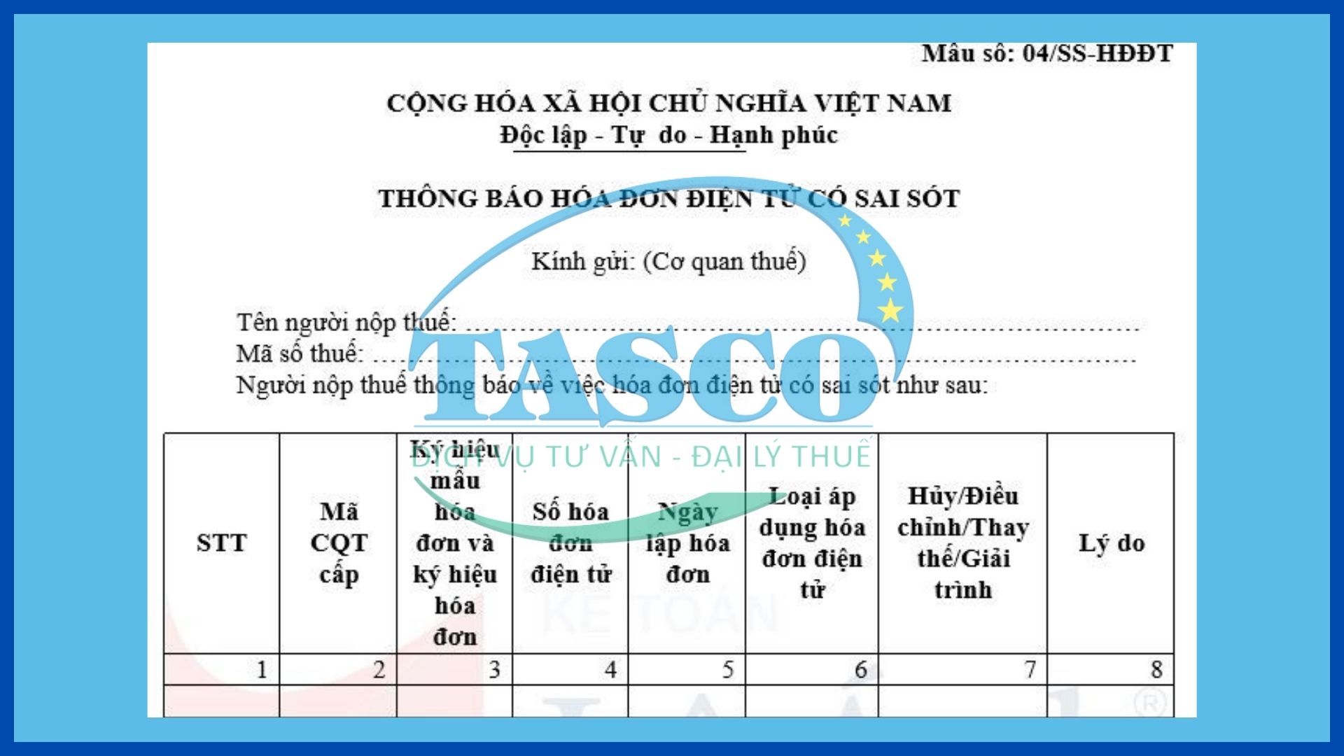 Mẫu 04/SS-HĐĐT thông báo hóa đơn điện tử khi có sai sót