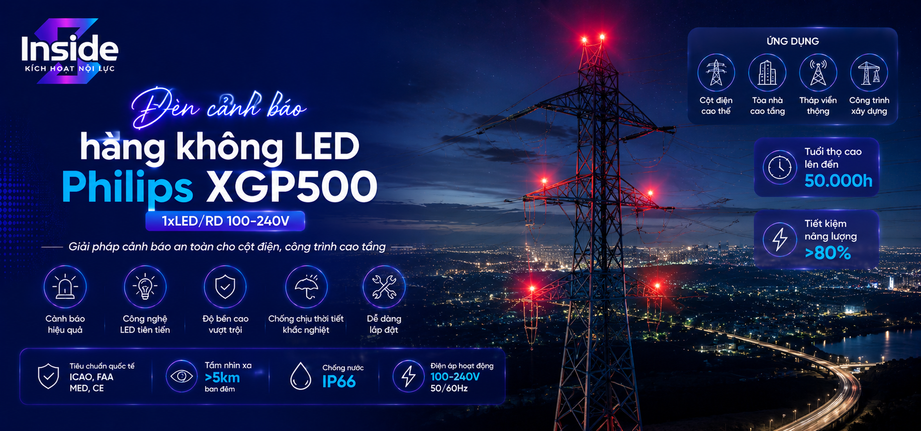 Đèn cánh báo hàng không LED Philips XGP500 1xLED/RD 100-240V