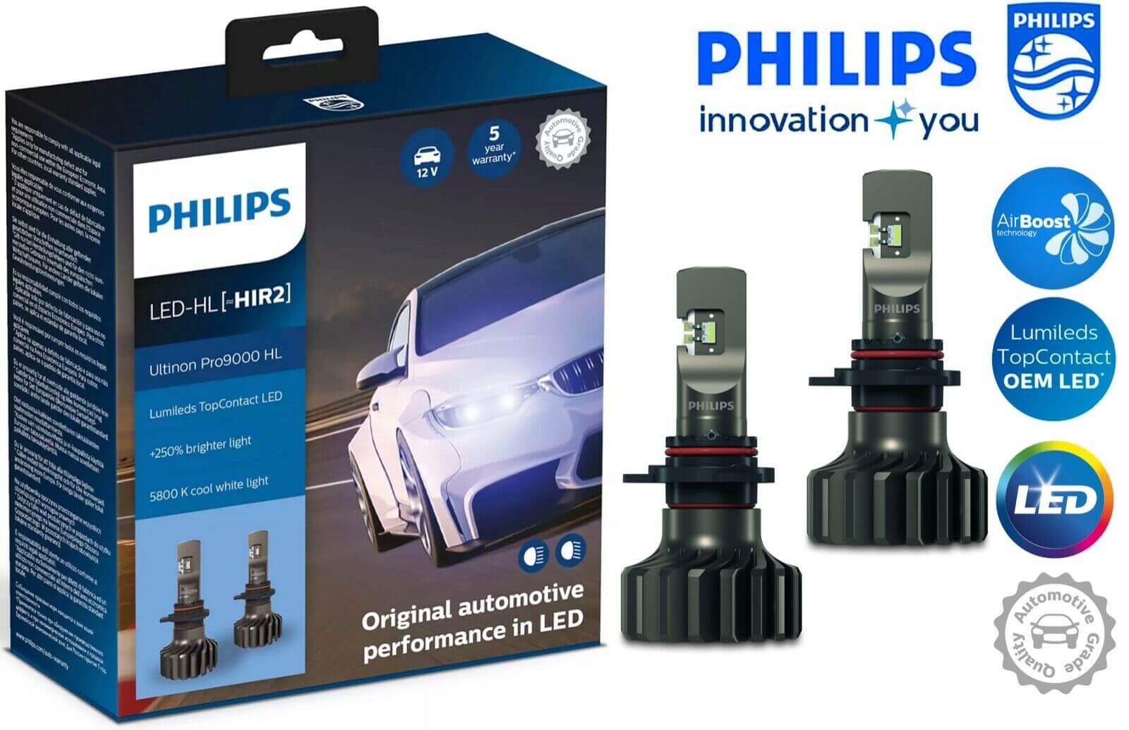 Bóng đèn pha LED Philips Pro 9000 HIR2 LED 11012 U90 CW X2 tăng sáng 250% cho xe hơi xe ô tô