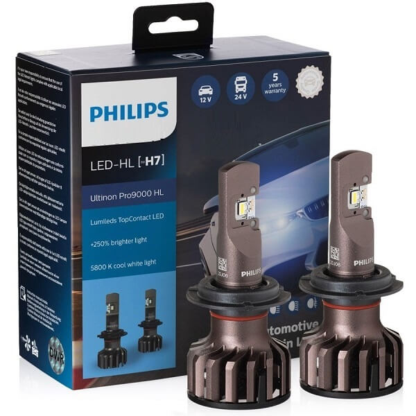 Hộp 2 Bóng đèn pha LED Philips Pro 9000 H7 LED 11972 U90 CW X212V-24V-5800K tăng sáng 250% cho xe hơi xe ô tô
