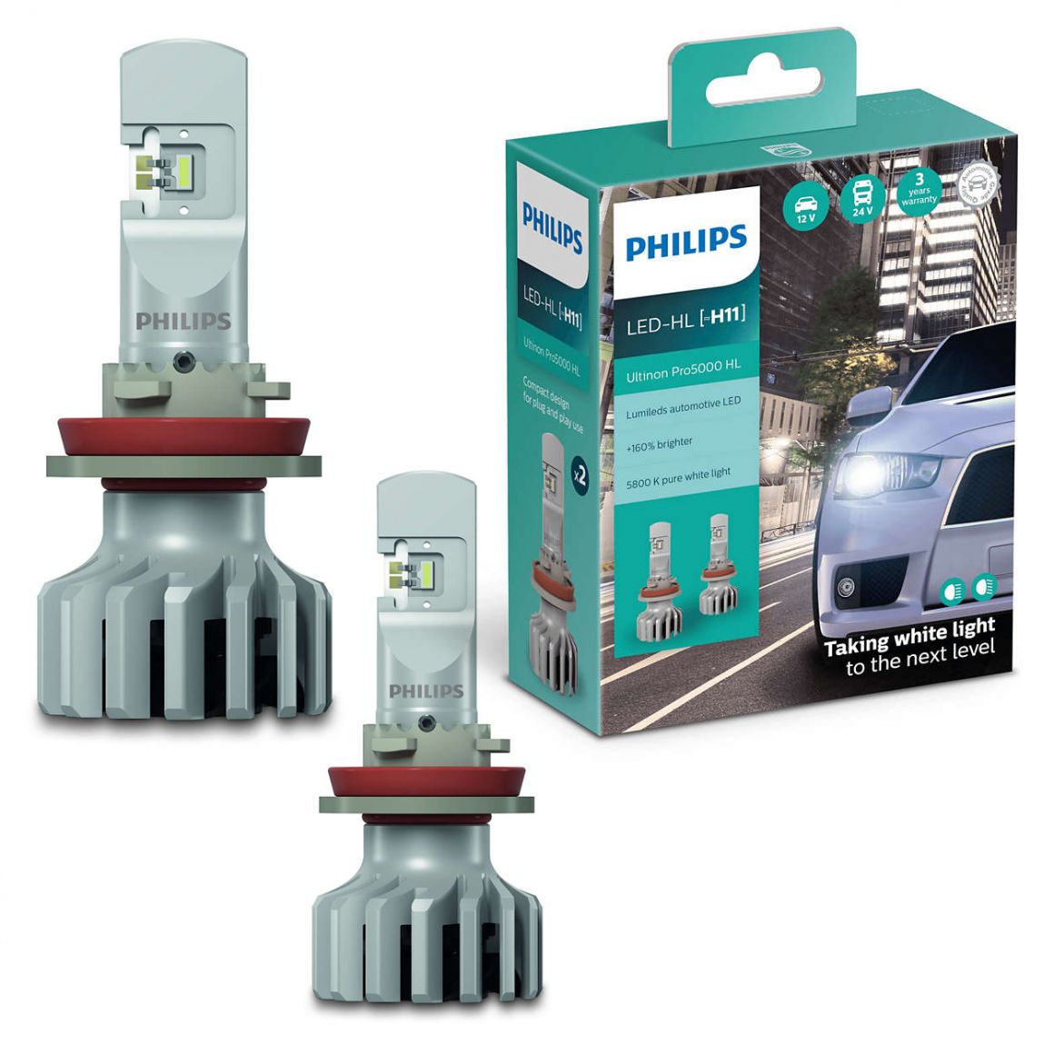 Hộp 2 Bóng đèn pha xe hơi ô tô Philips Pro 5000 LED H11 11362 U50 CW X2 12V-24V-5800K tăng sáng 160%