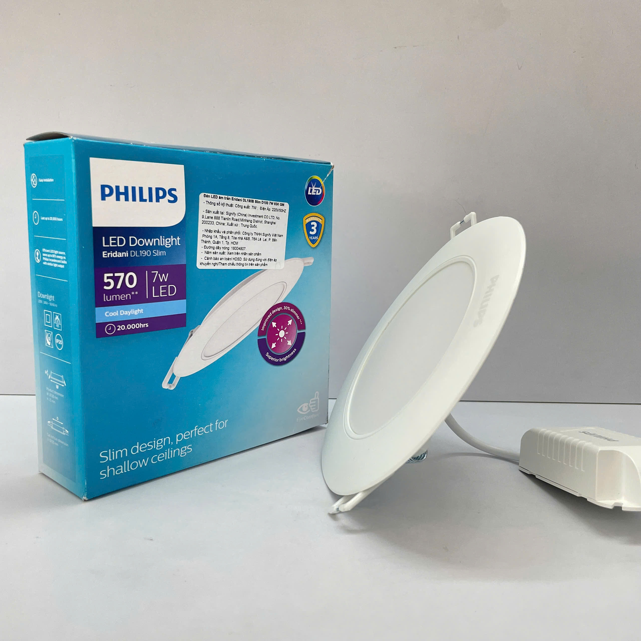 Chi tiết kỹ thuật của Đèn downlight âm trần siêu mỏng Led Philips Eridani DL190B Slim D100 7W 40K GM 4000K 570lm.