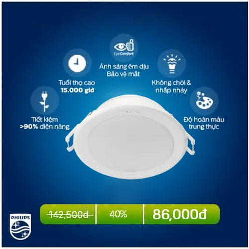 Đèn Downlight âm trần Led Philips 7W D105 ánh sáng trắng 6500K WH recessed LED