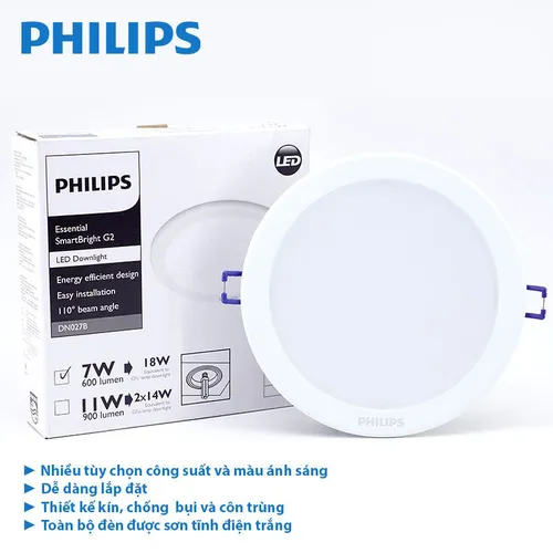 Đèn downlight âm trần LED Philips 7W SmartBright DN027B LED6/CW D90 600Lm