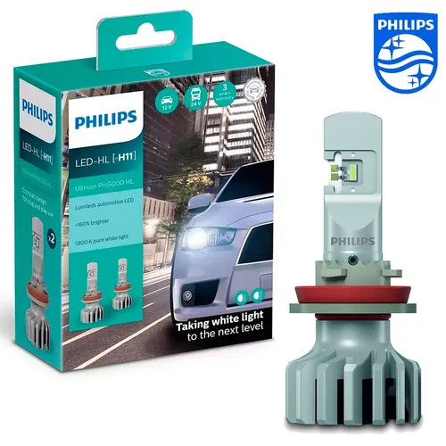 Hộp 2 Bóng đèn pha xe hơi ô tô Philips Pro 5000 LED H11 11362 U50 CW X2 12V-24V-5800K tăng sáng 160%