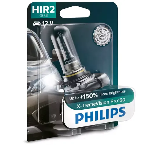 HIR2 9012-Bóng đèn pha ô tô Philips Halogen X-treme Vision Pro150 HIR2 9012 XVP 12V 55W PGJ19-2 S2 tăng sáng 150%, ánh sáng 3450K