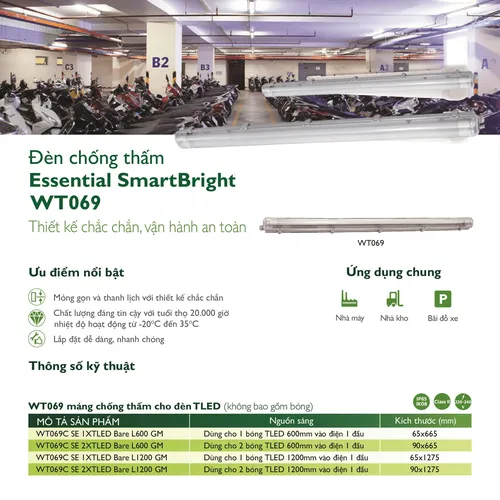 Máng đèn chống thấm Philips Essential Smartbright TLED Waterproof WT069C SE 2XTLED Bare L1200 GM