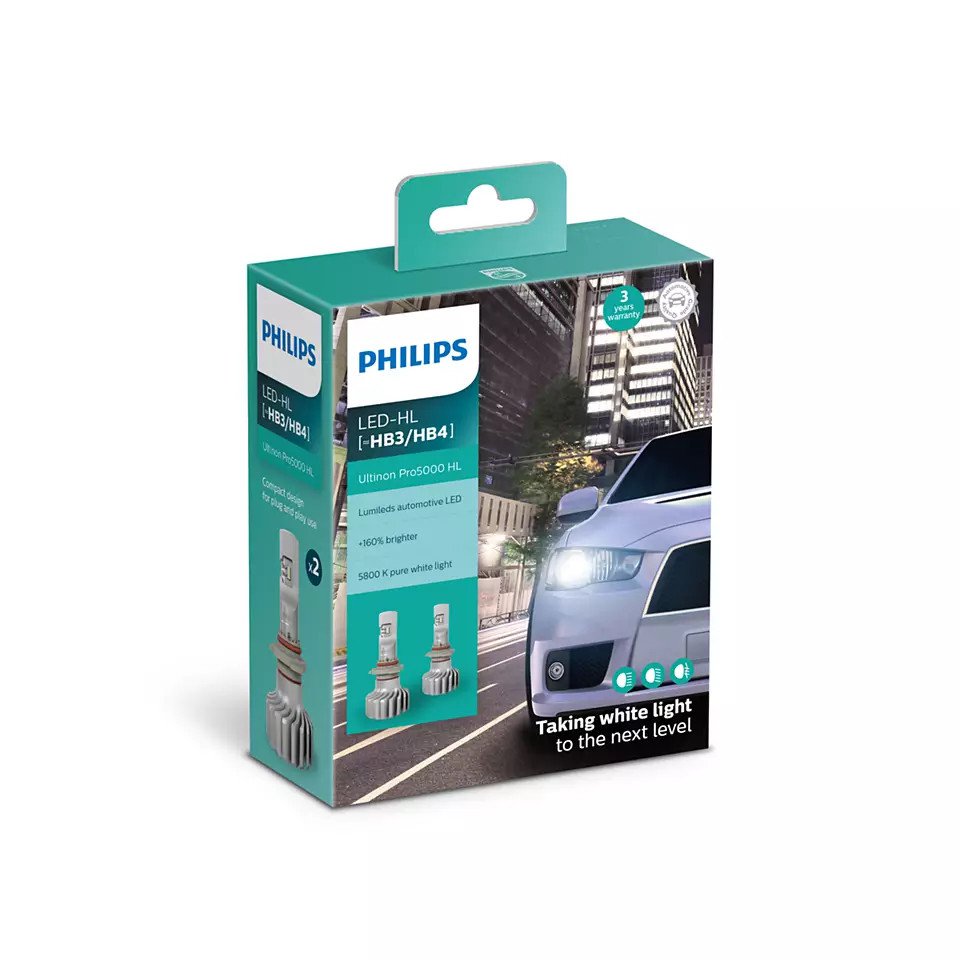 Hộp 2 Bóng đèn pha xe hơi ô tô Philips Pro 5000 LED HB3/HB4 11005 U50 CW X2 12V-24V-5800K tăng sáng 160%