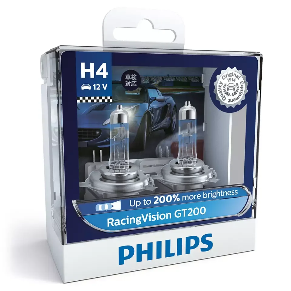 H4 12342-Bóng đèn pha ô tô Philips Halogen RacingVision GT200 H4 12342 RGT 12V 60/55W P43t-38 S2 tăng sáng 200%, ánh sáng 3600K