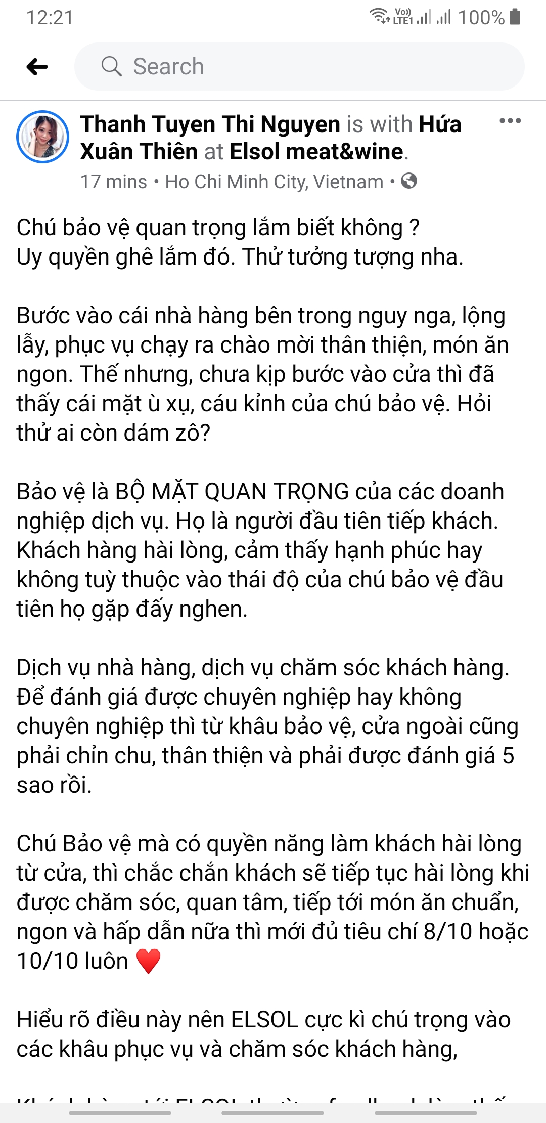 ảm nhận của KH ELSOL meat&wine về bảo vệ Mạnh Cường - 1 ảm nhận của KH ELSOL meat&wine về bảo vệ Mạnh Cường - 1