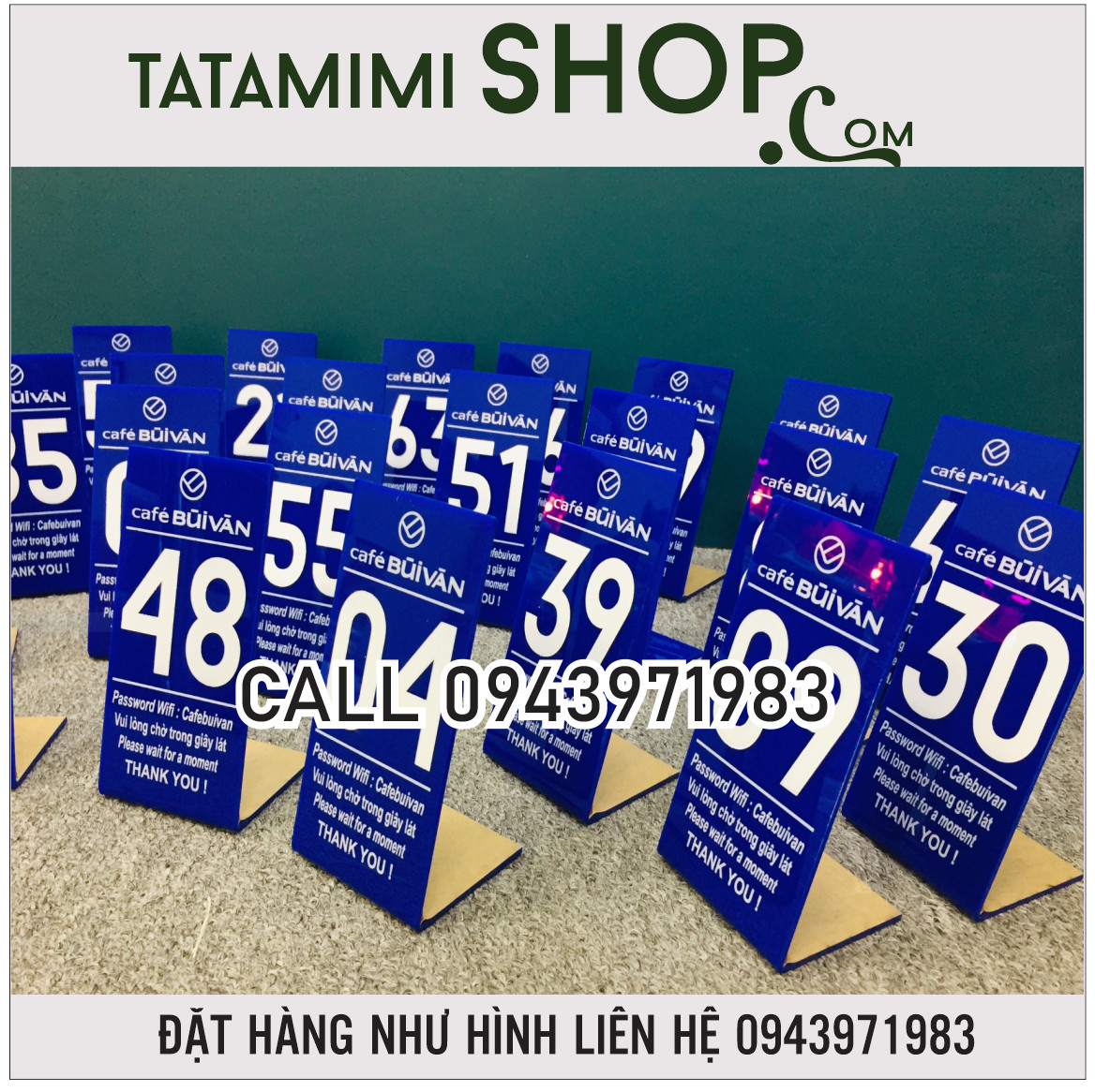 Thẻ cà phê màu xanh in trực tiếp lên mica