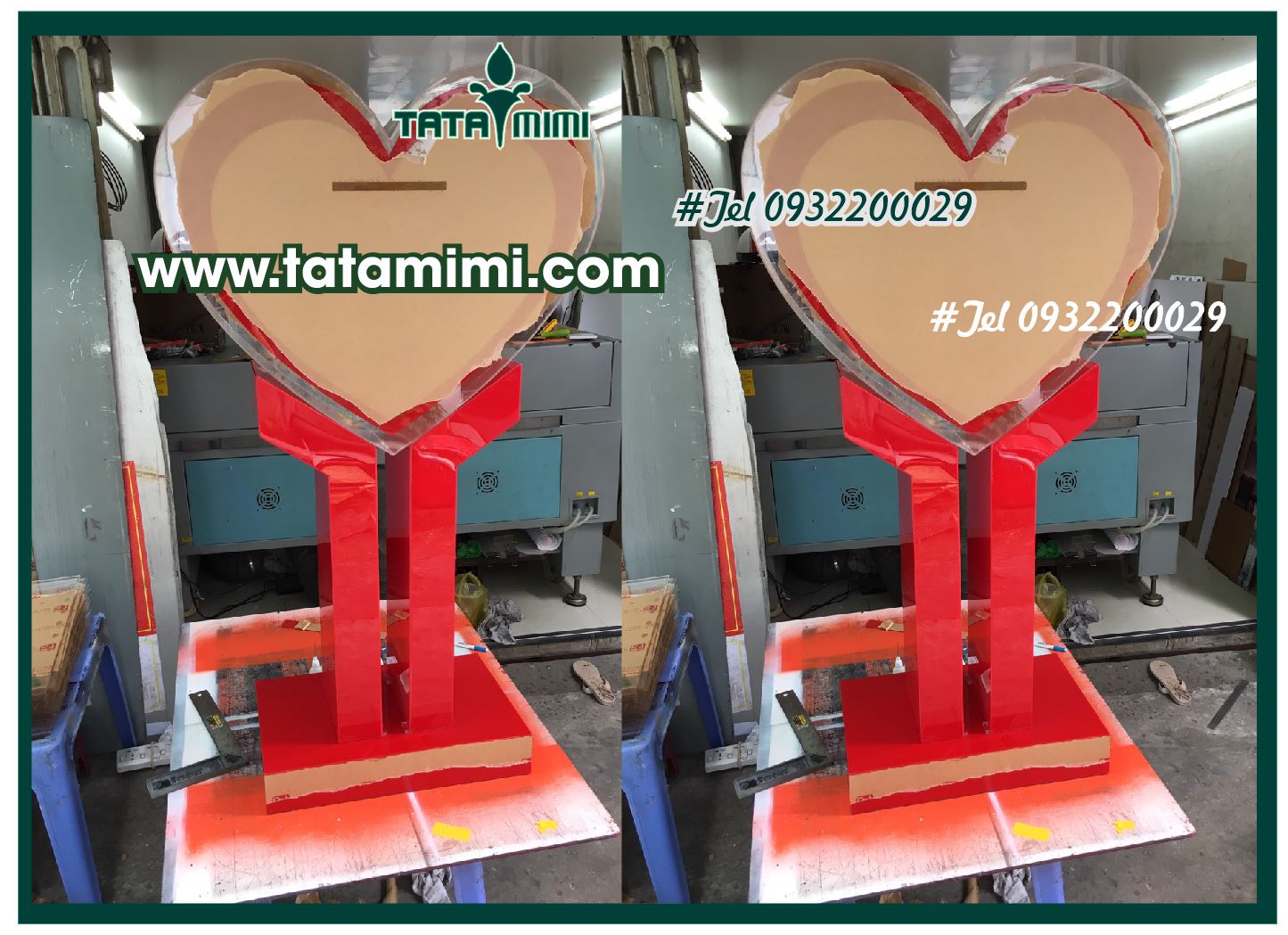 Thùng mica trái tim chân mica hoặc gỗ