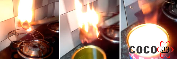 Cho gáo dừa đã bắt lửa vào lon sữa Cho gáo dừa đã bắt lửa vào lon sữa