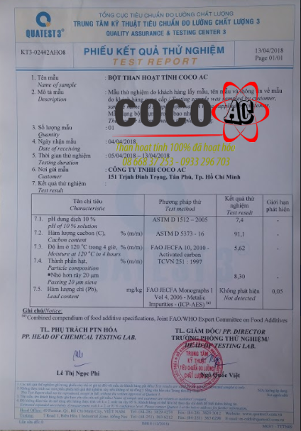 Kiểm định chất lượng bột than hoạt tính COCO AC năm 2018 Kiểm định chất lượng bột than hoạt tính COCO AC năm 2018