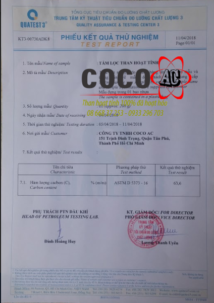 Kiểm định chất lượng tấm lọc than hoạt tính COCO AC năm 2018 Kiểm định chất lượng tấm lọc than hoạt tính COCO AC năm 2018