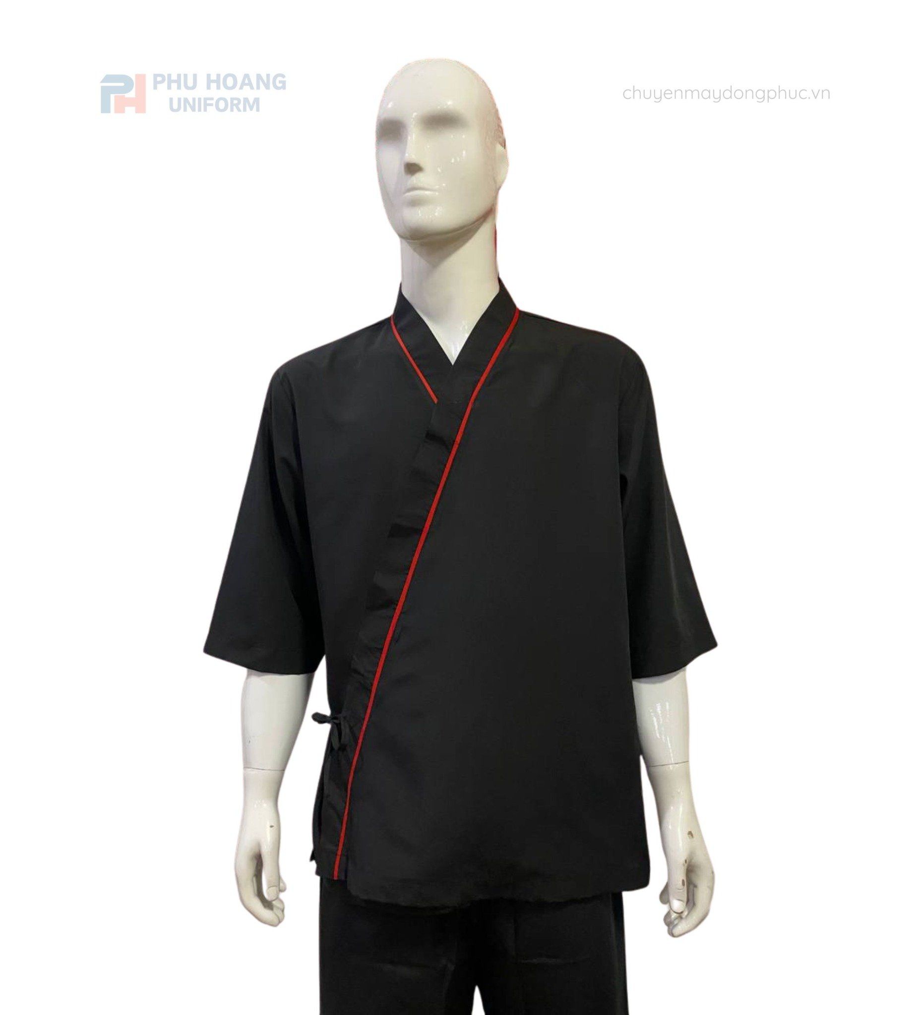 ÁO BẾP NHẬT ĐEN PHỐI ĐỎ MAY SẴN SB011