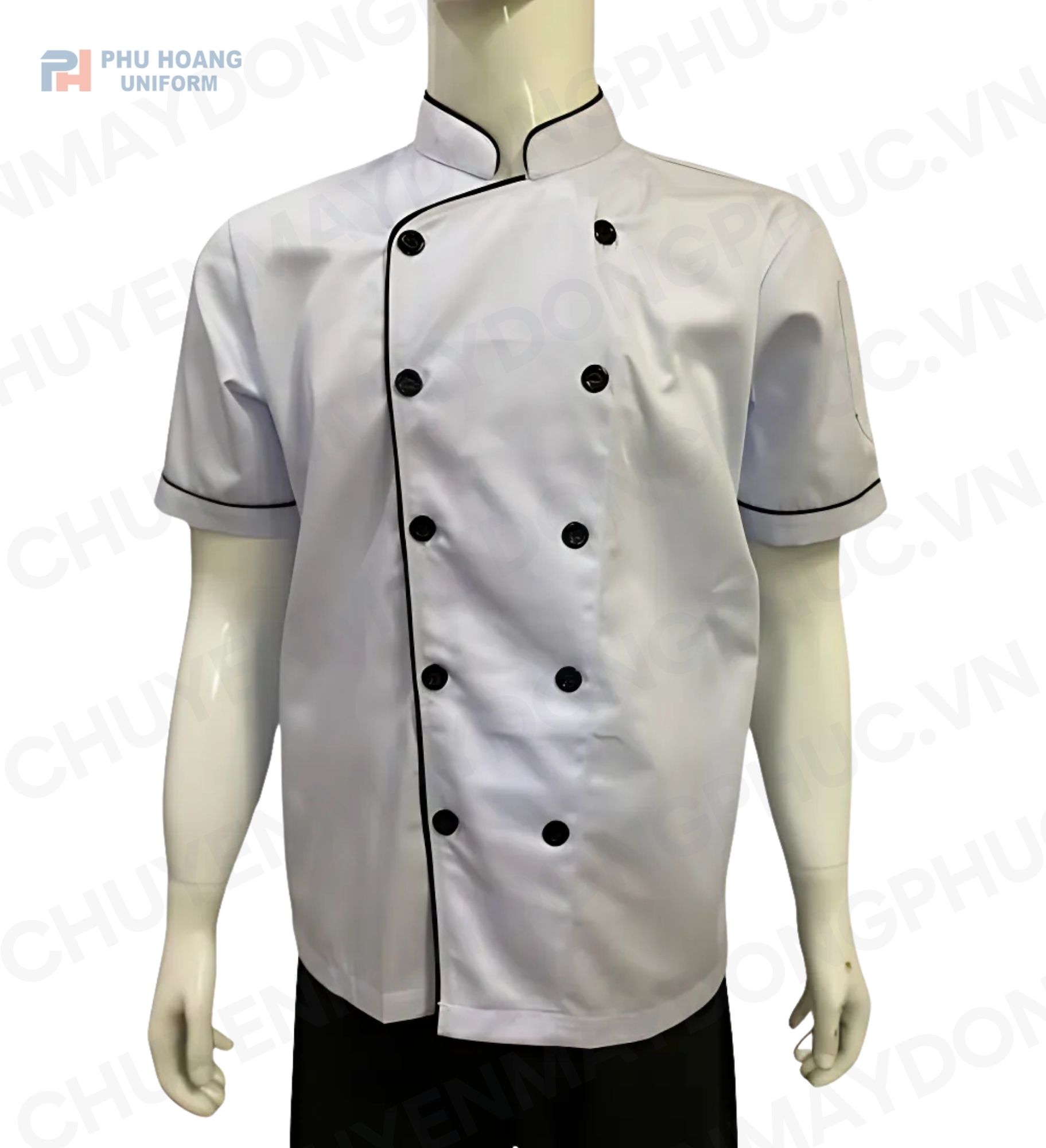 ÁO BẾP TRẮNG VIỀN ĐEN TAY NGẮN SB005 (MAY SẴN)