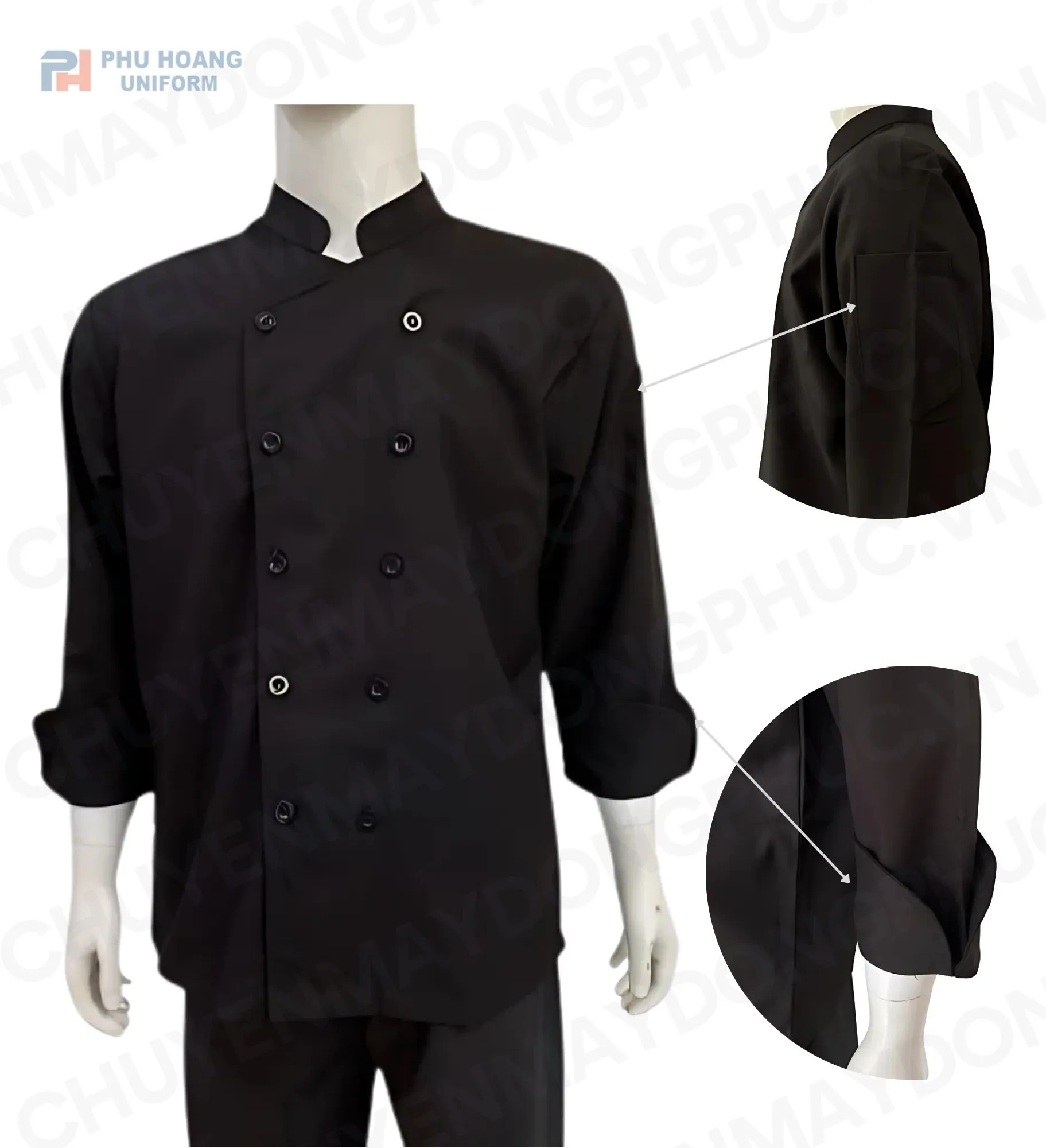 ÁO BẾP ĐEN TAY DAFI SB009 (MAY SẴN)