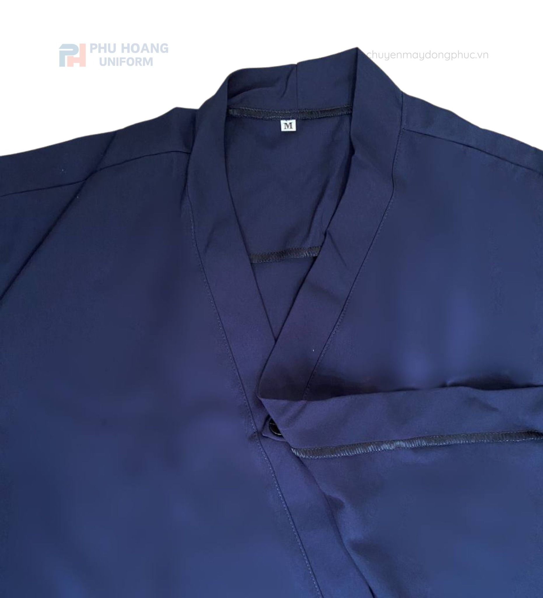 CHI TIẾT ÁO BẾP NHẬT XANH NAVY MAY SẴN SB013