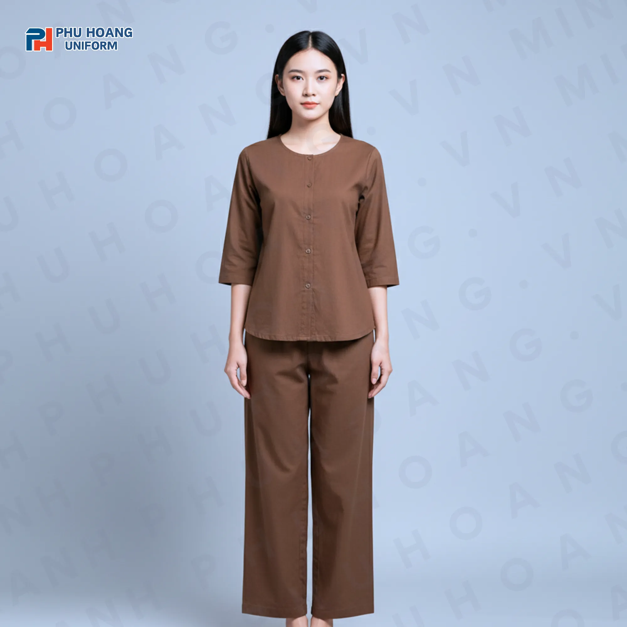 BỘ ĐỒ BÀ BA MÀU NÂU NHẠT MAY SẴN ST003