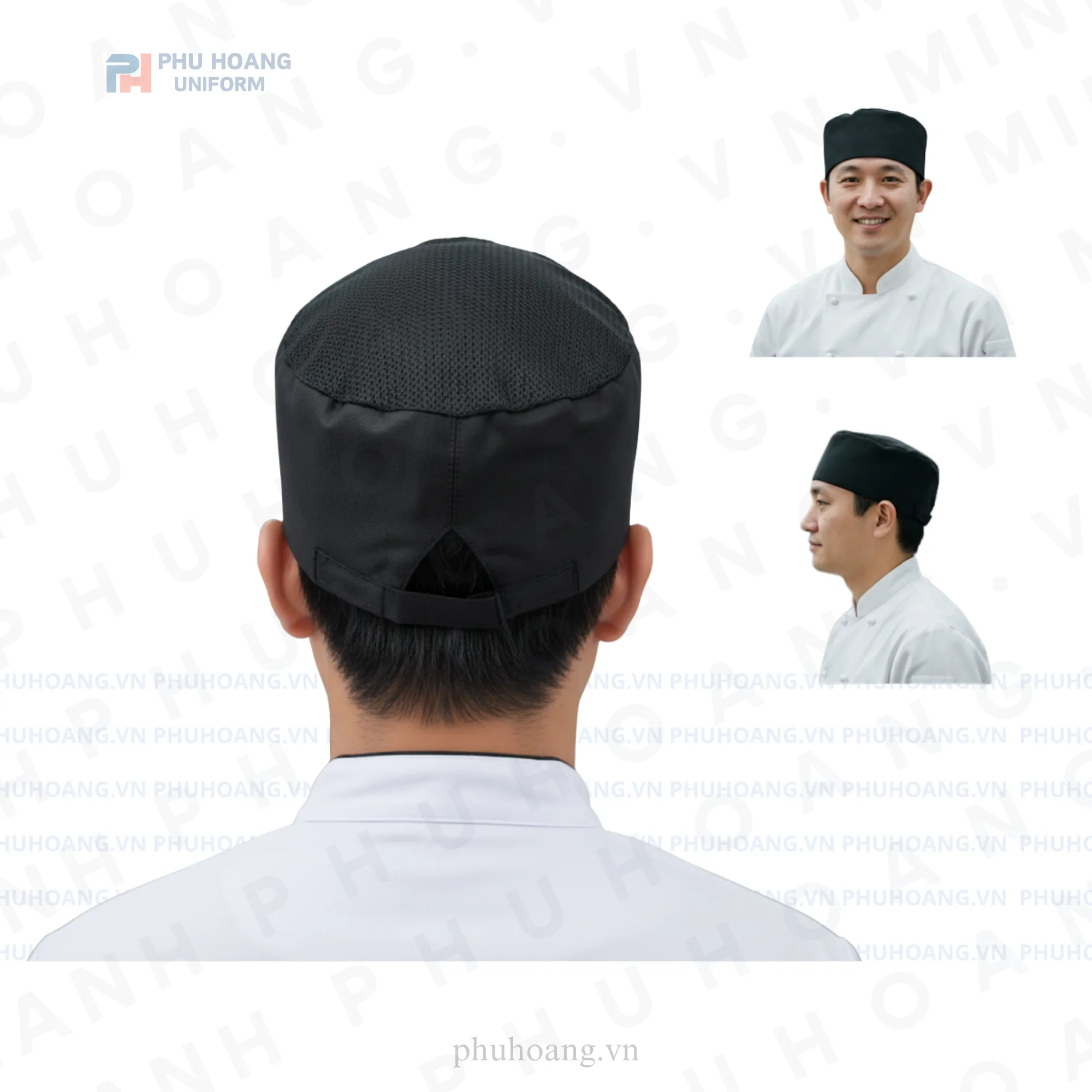 NÓN BẾP ĐEN CHÓP LƯỚI DÁN SAU MAY SẴN SN037