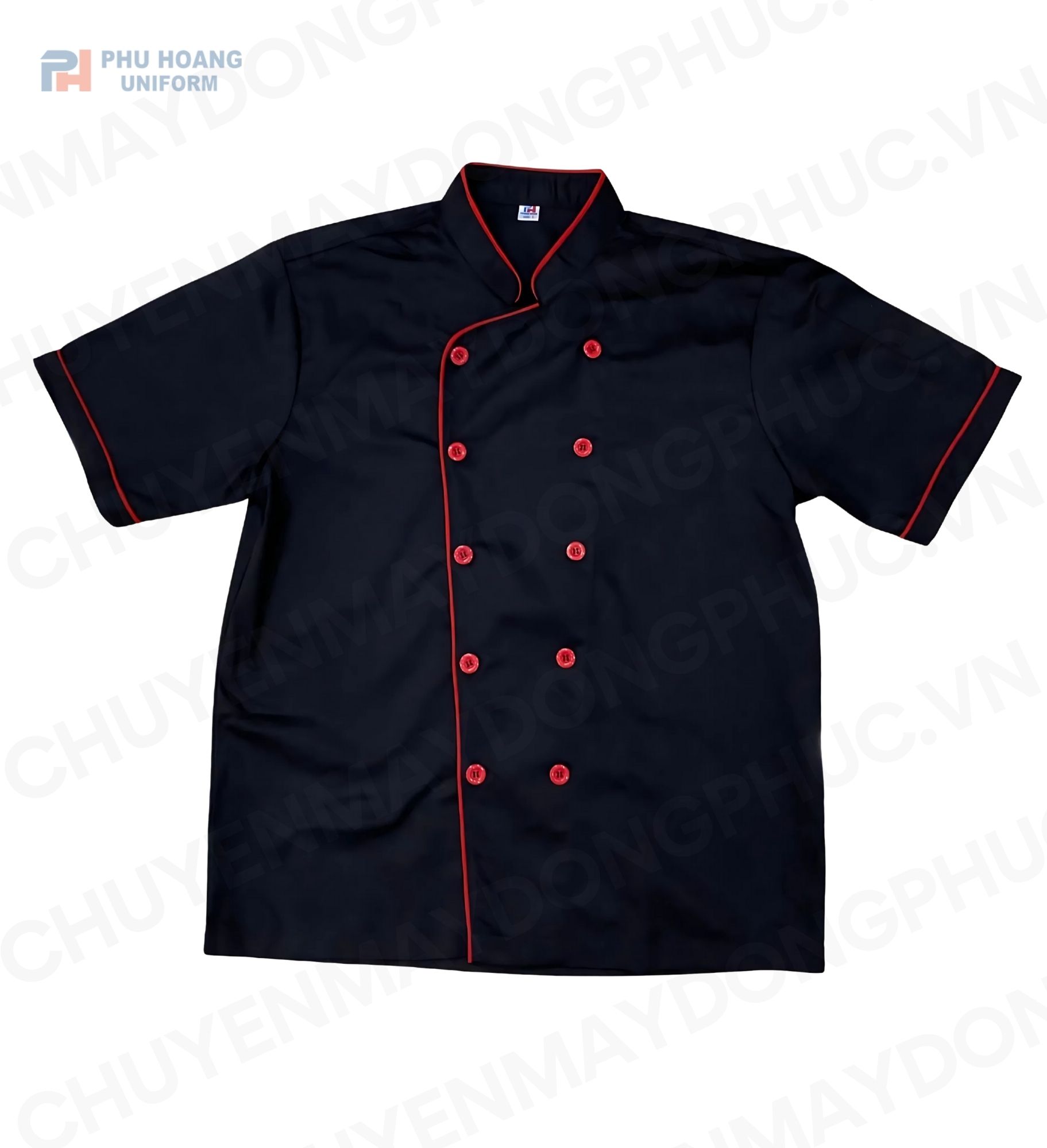 ÁO BẾP KAKI ĐEN VIỀN ĐỎ TAY NGẮN SB006 (MAY SẴN)