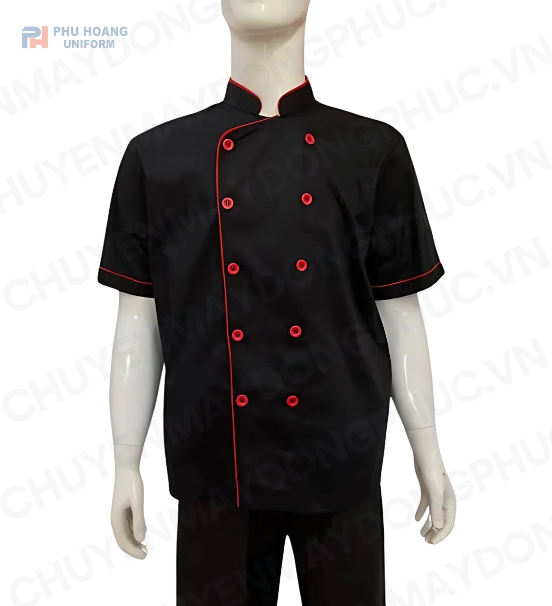 ÁO BẾP KAKI ĐEN VIỀN ĐỎ TAY NGẮN SB006 (MAY SẴN)