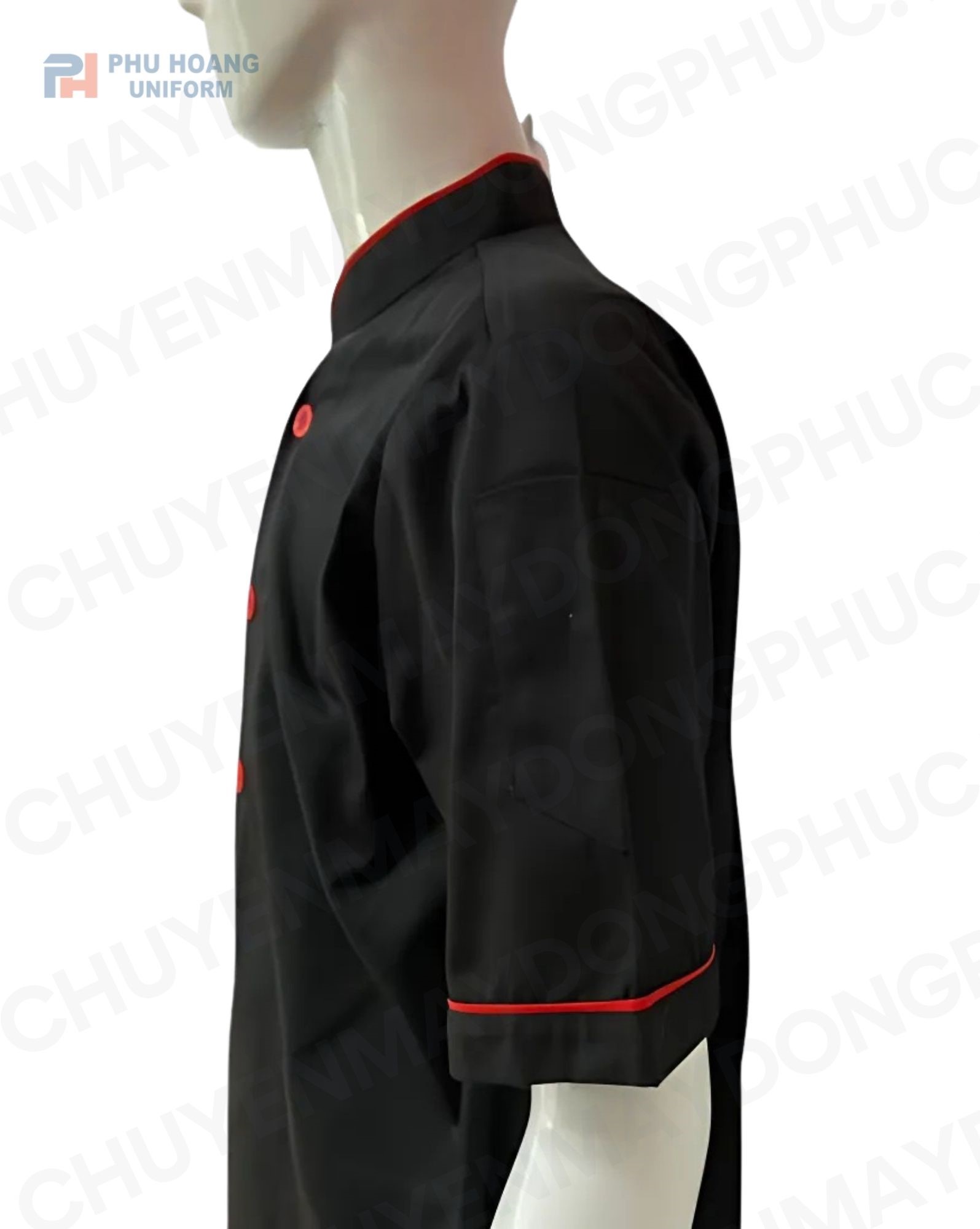 ÁO BẾP KAKI ĐEN VIỀN ĐỎ TAY NGẮN SB006 (MAY SẴN)