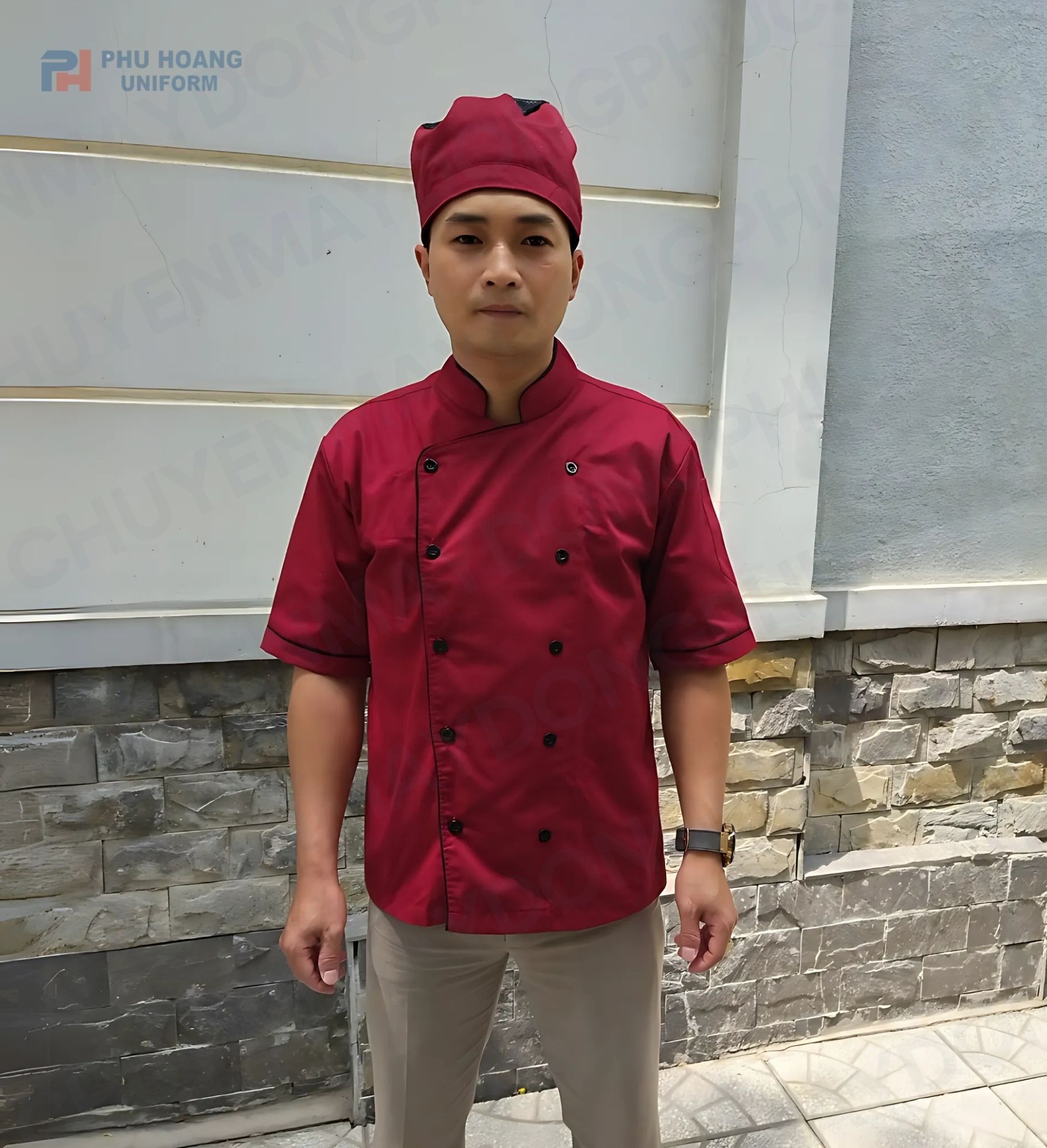 ÁO BẾP ĐỎ VIỀN ĐEN TAY NGẮN