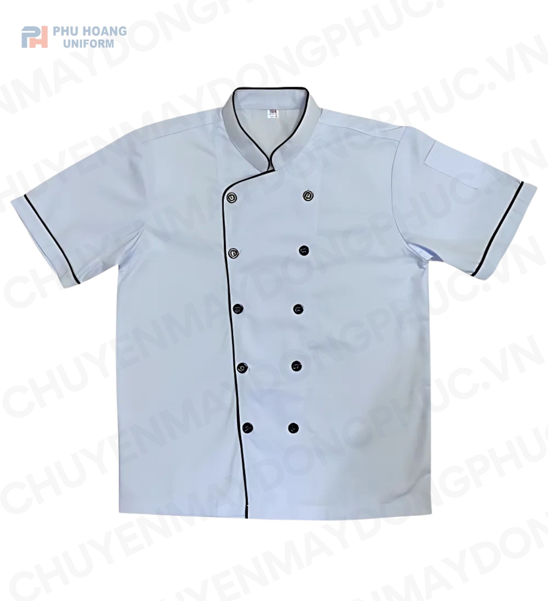 ÁO BẾP KAKI TRẮNG VIỀN ĐEN TAY NGẮN SB001 (MAY SẴN)