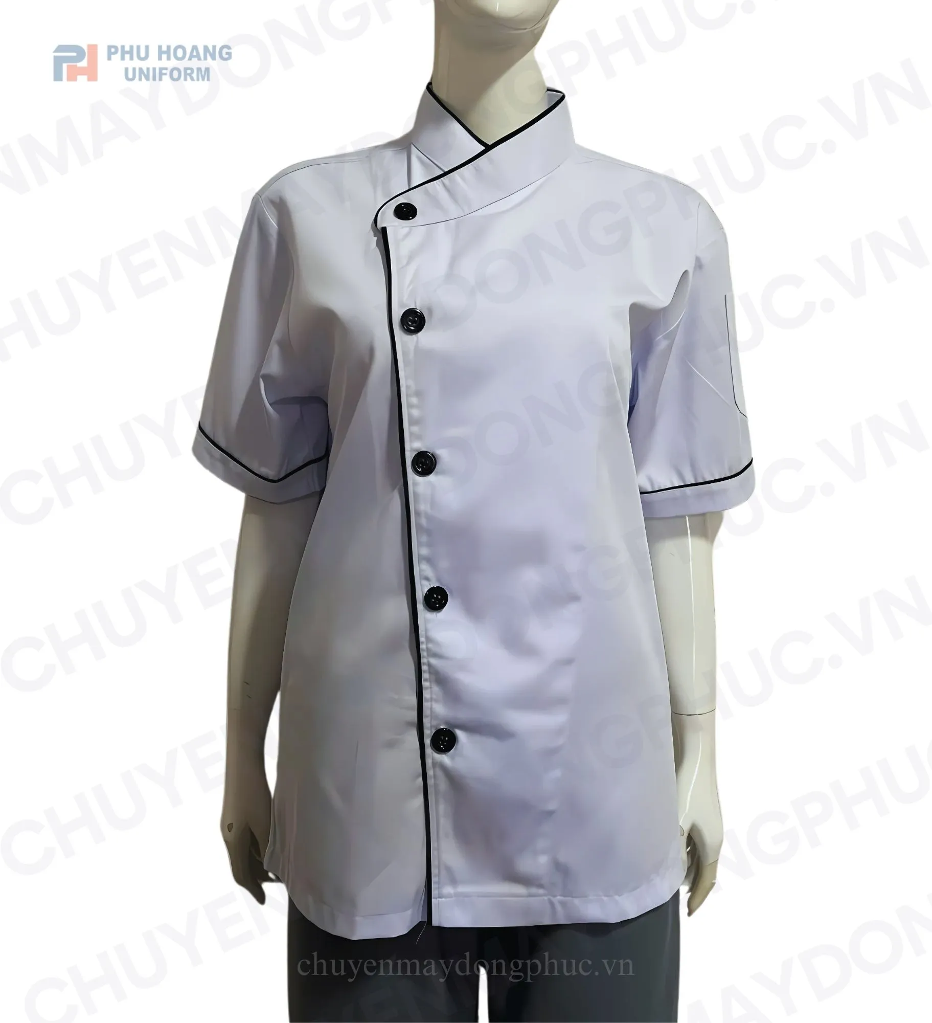 ÁO BẾP TRẮNG 1 HÀNG CÚC SB007 (MAY SẴN)