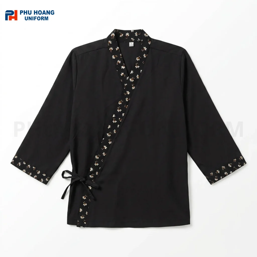 Áo bếp Nhật đen phối hoa sang trọng với chi tiết thêu hoa tinh tế. Áo bếp Nhật đen phối hoa sang trọng với chi tiết thêu hoa tinh tế.