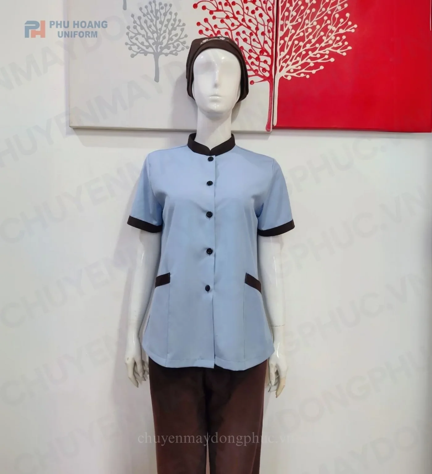 ĐỒNG PHỤC TẠP VỤ NỮ MÀU XÁM PHỐI NÂU MAY SẴN SL007