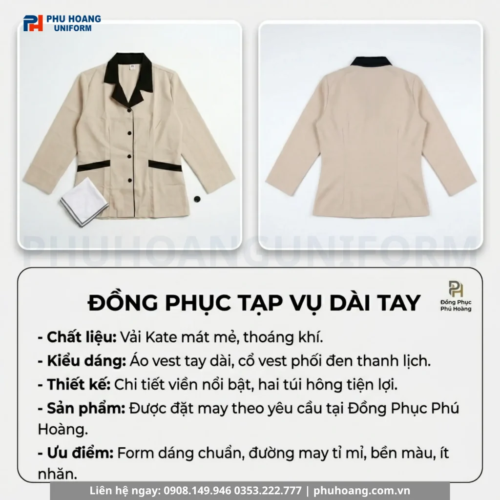 Áo Tạp Vụ Tay Dài Kem Phối Nâu Áo Tạp Vụ Tay Dài Kem Phối Nâu