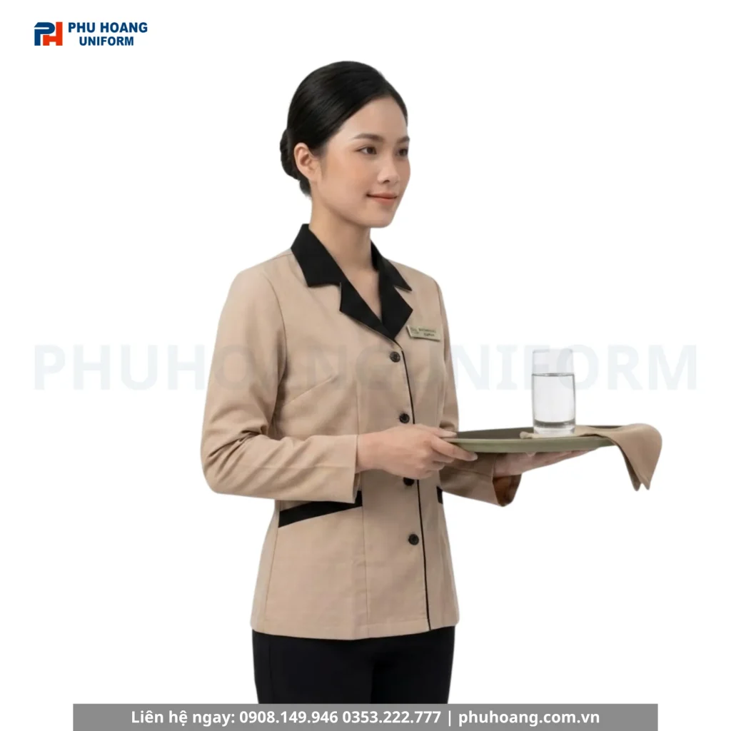Áo Tạp Vụ Tay Dài Kem Phối Nâu Áo Tạp Vụ Tay Dài Kem Phối Nâu