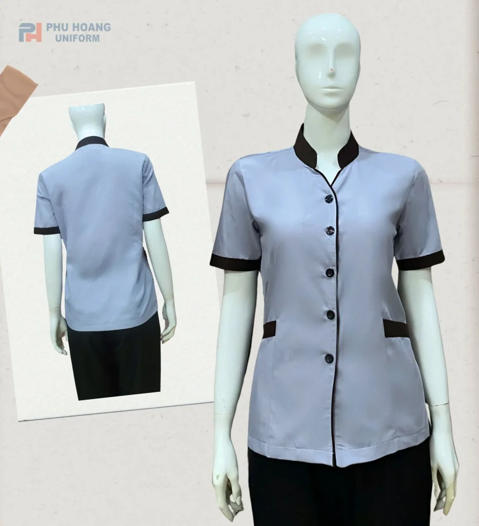 ĐỒNG PHỤC TẠP VỤ MÀU XÁM VIỀN NÂU MAY SẴN SL004