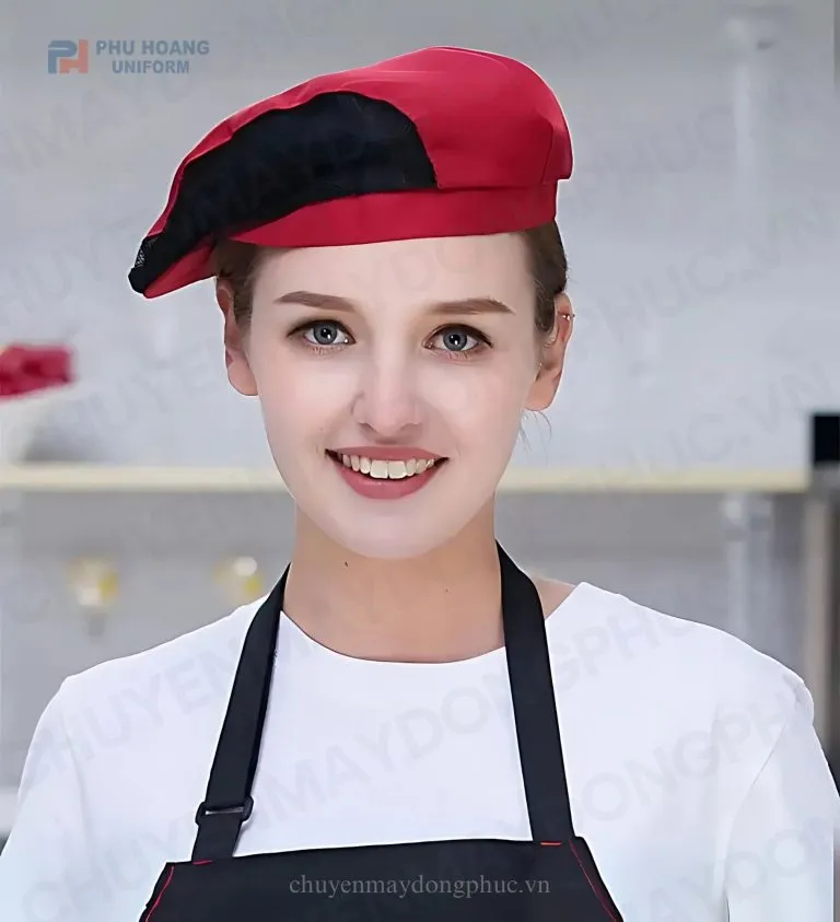 MŨ NỒI BERET PHỤC VỤ ĐỎ PHỐI ĐEN MAY SẴN SV003