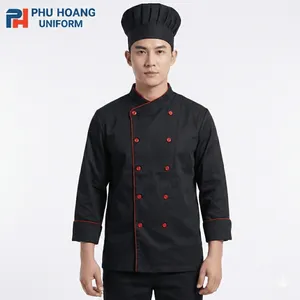 ÁO BẾP TAY DÀI ĐEN VIỀN ĐỎ KAKI THUN